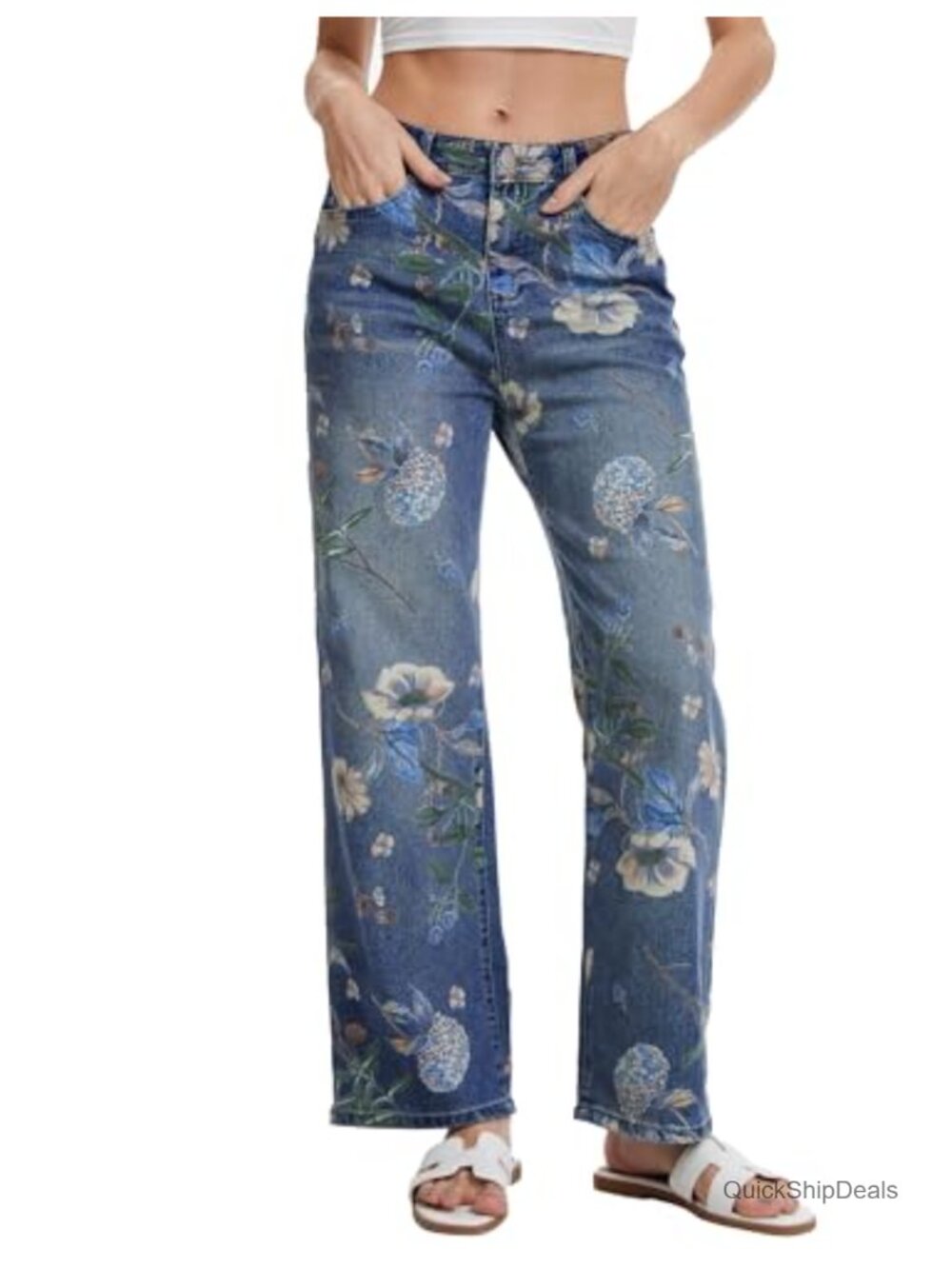 Floral Wide Leg High Rise Jeans Stretchy Vintage 90s Women's Denim Pants